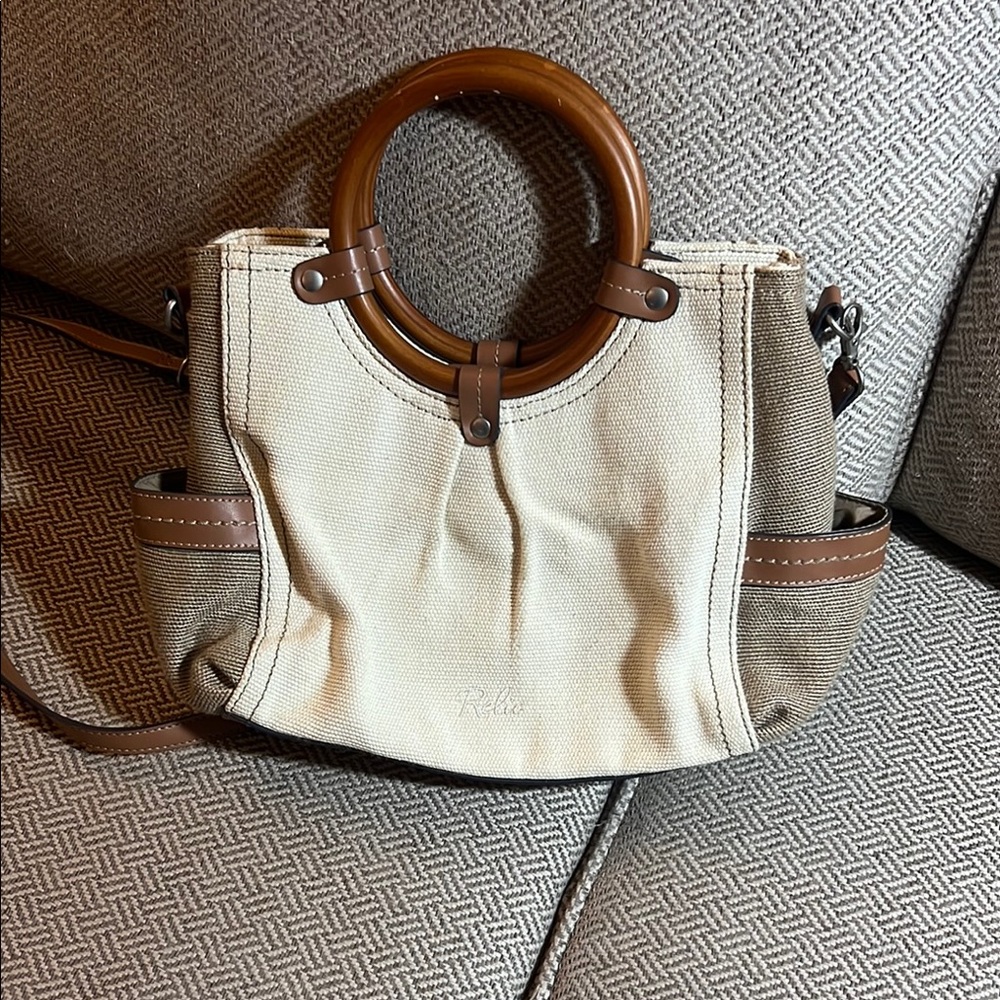 Relic Cream and Brown Tote with Wooden Handle